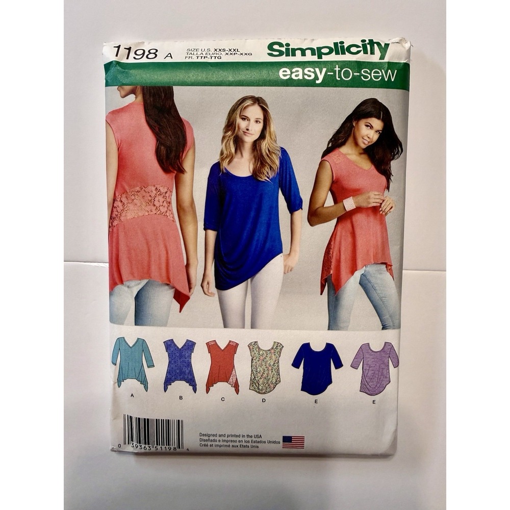 Simplicity 1198 ~ Misses' Knit Tops ~ Asymmetrical w/Lace ~ XXS-XXL New Uncut